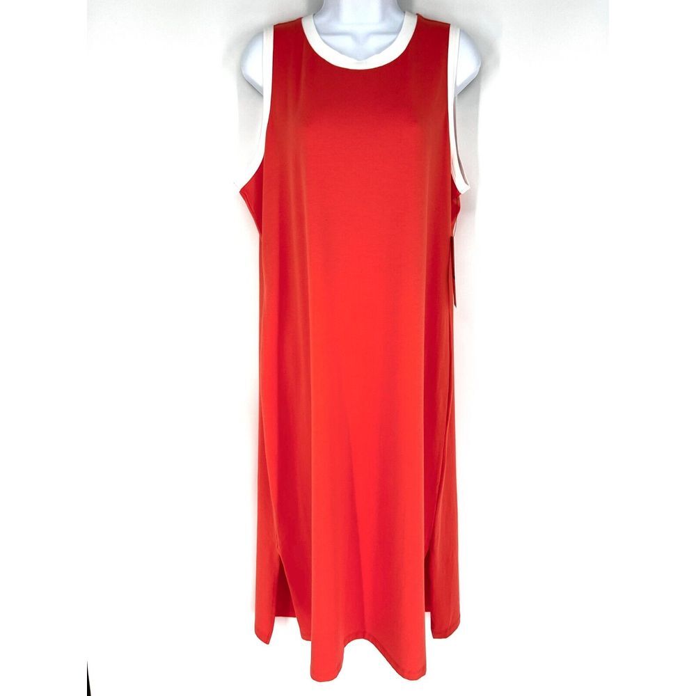 CALVIN KLEIN Sleevless Tank Maxi Dress Size L Peach Salmon Knit Side Slits NWT
